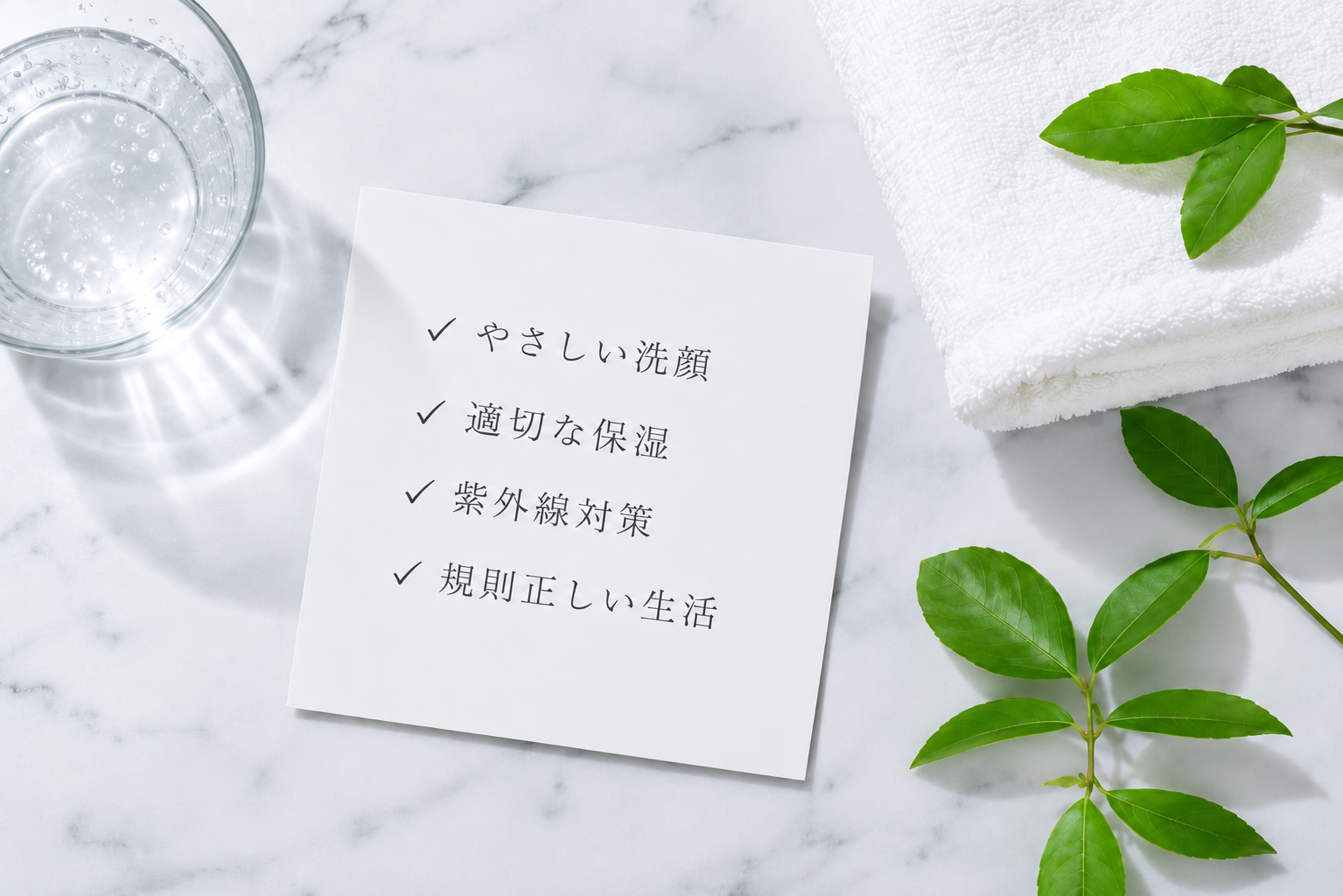毛穴ケアの4つのポイント。やさしい洗顔、適切な保湿、紫外線対策、規則正しい生活