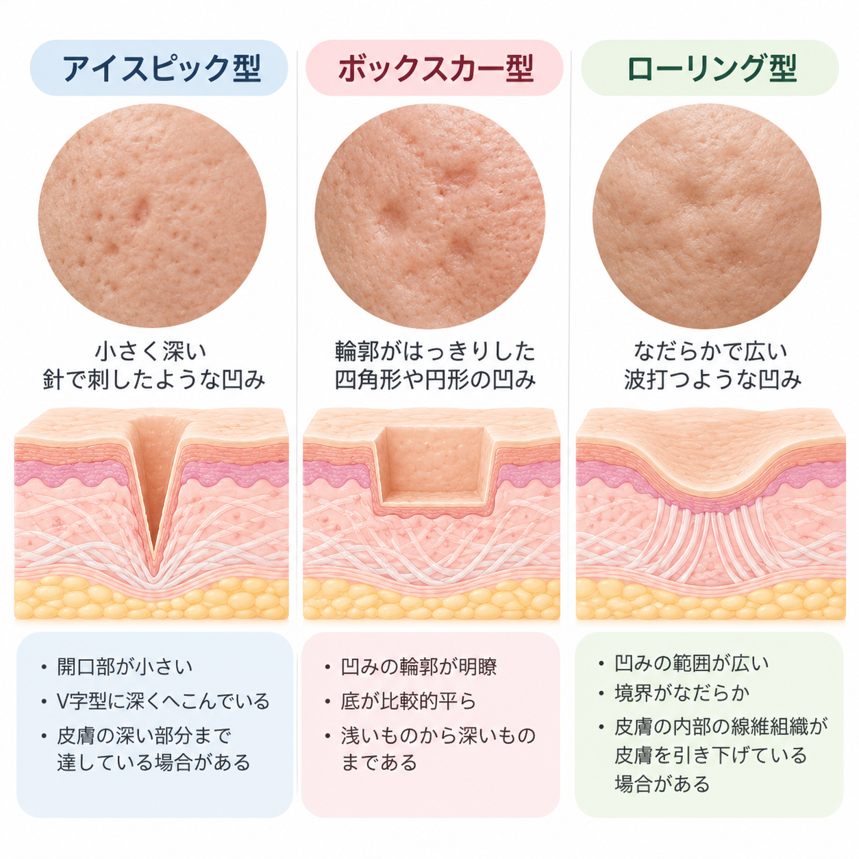 ニキビ跡の3タイプ比較：アイスピック型・ボックスカー型・ローリング型の見た目と皮膚断面の違い